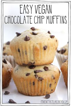 chocolate chip muffins stacked on top of each other with text overlay reading easy vegan chocolate chip muffins