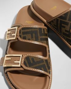 Fendi FF Jacquard Dual Buckle Slide Sandals | Neiman Marcus Luxury Flat Slides With Buckle Closure, Luxury Open Toe Slides With Tang Buckle, Designer Summer Slides With Tang Buckle, Designer Slides With Tang Buckle For Summer, Luxury Summer Slides With Tang Buckle, Designer Flat Slides With Buckle Closure, Luxury Slides With Buckle Closure, Designer Flat Sandals With Buckle Closure, Luxury Flat Sandals With Tang Buckle