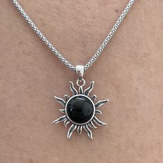 *  Dazzling Black Agate Sun Pendant with Popcorn Sterling Silver Chain Necklace, Celestial Pendant, Love Necklace, Silver Necklace, Onyx Pendant. Italy Popcorn Necklace, 925 Stamped *  Perfect gift idea for any occasion: birthday, anniversary, engagement, graduation, bridesmaid, Mother's Day, Valentine's Day, Christmas, promise. *  The sun represents life, but it's also known to typify energy, power, positivity, and clarity. *  Black agate uses its calming energy to keep stress to a minimum. In Spiritual Round Onyx Necklaces, Nickel-free Black Chain Necklace Gift, Black Nickel-free Chain Necklace For Gift, Black Nickel-free Chain Necklace, Popcorn Necklace, Celestial Pendant, Necklace Sun, Sunshine Necklace, Energy Power