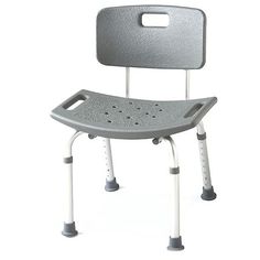 a gray and white shower chair with wheels on the back, attached to an adjustable seat