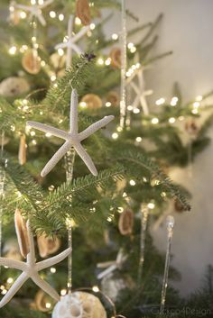 a christmas tree decorated with starfish and seashells