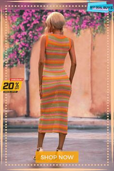 Vacays Chevron Knit Midi Dress - Orange Ribbed Midi Dress For Vacation, Casual Knitted Sweater Dress For Summer, Casual Sleeveless Knitted Sweater Dress, Spring Beach Knit Sweater Dress, Casual Ribbed Midi Dress For Beach, Casual Knee-length Sweater Dress For Summer, Casual Multicolor Sweater Dress, Summer Knit Midi Dress, Summer Knitted Midi Dress