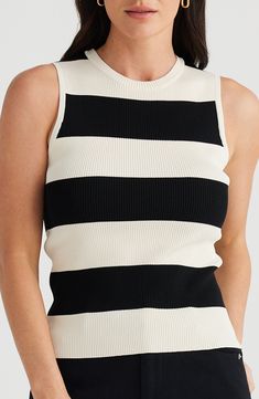 Bold stripes encircle a lightweight sleeveless sweater that's ribbed to hug your shape. 22" length (size Medium) Crewneck Cutaway shoulders 65% viscose, 35% nylon Hand wash, dry flat Imported Bold Stripes, Sleeveless Sweater, Cami Tanks, Black Stripes, Brave, Hand Wash, Nordstrom, Stripes, Womens Tops