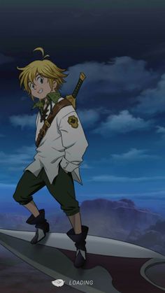 an anime character standing in front of a dark sky with clouds and mountains behind him