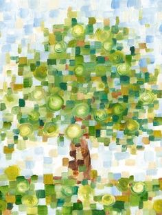 an abstract painting of a tree with many circles in the shape of squares on it