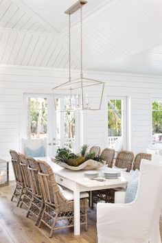 a dining room table with chairs and a basket on it