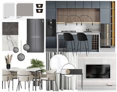 an image of a kitchen and dining room in one color scheme with white, black, gray, and gold accents