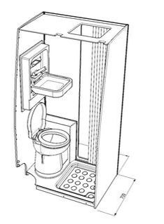 a drawing of a toilet and sink in a bathroom with the door open to allow access