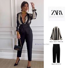 Zara Women Satin Oversize Shirt Black/Sand 7885/138 Cheap Oversized Zara Blouse, Chic Black Zara Shirt, Black Striped Shirt Outfit, Satin Shirt Outfit, Zara Spring, Johnny Collar, Oversize Shirt, Zara Shirt, Long Sleeve Blouse Pattern