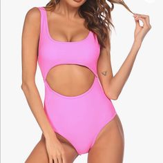 New With Tags! Ekouaer Rose Pink Cutout Hallow One Piece Bikini Swimsuit Size Large Runs Small Cutout One Piece Monokini Swimwear For Women Is Wire Free With Removable Padding Backless High Rise Material: 82% Polyamide And 18% Elastane Summer Pink Party One-piece, Pink Lined One-piece For Party, Pink Sleeveless One-piece For Beach Party, Pink One-piece Bodysuit For Beach Party, Pink Cutout Sleeveless Swimwear, Pink Bodysuit For Beach Party With Lined Body, Cutout One Piece, Cheeky One Piece Swimsuit, Swimwear For Women