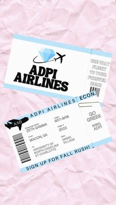 two airline tickets sitting on top of a pink piece of paper with the words appi airlines