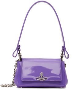 Patent leather shoulder bag in purple. · Detachable shoulder strap · Detachable cable chain crossbody strap · Bumper studs at base · Logo hardware at magnetic press-stud flap · Card slot at interior · Grosgrain lining · Logo-engraved silver-tone hardware · H4 x W7.5 x D2.75 Supplier color: Purple Limousine Car, Purple Purse, Purple Bag, Bags Aesthetic, Silver Engraving, Japan Fashion, Vivienne Westwood, Small Bag, Crossbody Strap