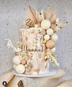 a hand holding up a cake decorated with eggs and feathers on it's side