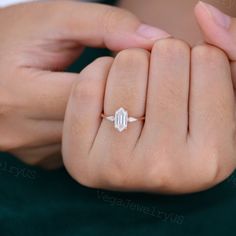 Long Hexagon Moissanite Engagement Ring Unique Rose Gold - Etsy Unique Rose Gold Engagement Ring, Dainty Promise Ring, Hexagon Diamond Ring, Unique Engagement Rings Rose Gold, Hexagon Engagement Ring, Unique Diamond Engagement Rings, Engagement Ring Unique, Hexagon Diamond, Unique Roses