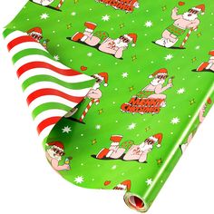 a green wrapping paper with cartoon characters on it