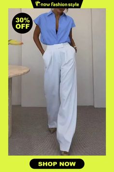 knowfashionstyle Turndown Collar Short Sleeve Buttons Blouse And Wide Leg Pants Vacation Office Lady Two Pieces Trouser Sets Spring Office Pants In Solid Color, Summer Office Pants With Pockets, High Waist Office Pants For Summer, High Waist Pants For Office In Summer, Casual Summer Office Pants, Summer Office Pants Solid Color, Summer Office Pants In Solid Color, Solid Color Summer Office Pants, Summer Workwear Pants In Solid Color