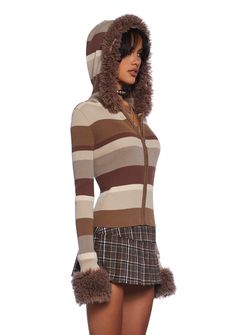 Look chic drinking that java with this cardigan that has a ribbed knit construction, a striped design, a hoodie with a fluffy faux fur trim, long sleeves with a faux fur trim, and a front zipper closure. Halloween Costume Boots, Dolls Kill Outfits, Booties Outfit, Coffeehouse, Free Shoes, Granola Girl, Outerwear Outfit, Hooded Cardigan, New Dolls