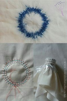 three different pictures of some type of cloth with blue and white designs on it, one in the shape of a circle