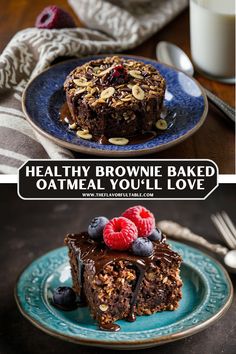 healthy brownie baked oatmeal you'll love on a blue plate