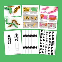 four different patterns and instructions for making paper snake puppets with crayons on them