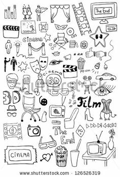 black and white hand drawn doodles with different things on it, such as movies