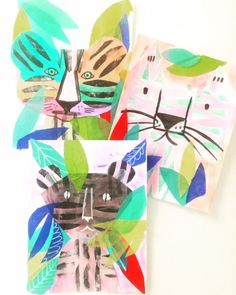 two pieces of art made out of paper with cats on them