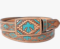 American Darling presents this meticulously hand-tooled Thunderbird belt. Carved and antiqued by skilled artisans, this belt showcases exceptional craftsmanship. Crafted from the finest Vegetable Tanned American Genuine Cowhide Leather, it embodies quality, style, and heritage. The 1.5" belt is furnished with a removable high-quality matching hand-tooled leather-covered buckle, showcasing exceptional craftsmanship and attention to detail. Ladies Approximate Size Scale : 1.5" wide S (30"-32") ,M Leather Belt Buckle, Western Store, Belt Leather, Beaded Belt, Western Hats, Hand Tooled Leather, Western Belts, Painting Leather, Brown Belt