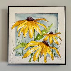 a watercolor painting of yellow flowers with green leaves