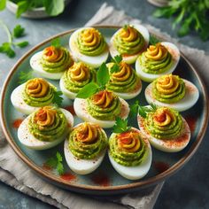 deviled eggs topped with guacamole and garnish on a plate