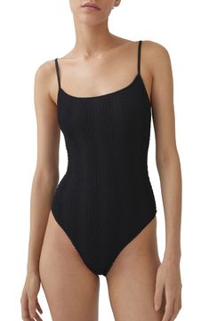 MANGO Textured One-Piece Swimsuit | Nordstrom Black One Piece Bathing Suit, One Piece Bathing Suit, Black One Piece, Black Swimsuit, Black Skinnies, Black Fits, Womens Swimwear, Bathing Suit, Travel Size Products