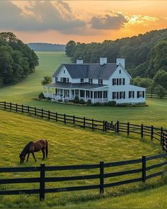 a horse grazes in front of a large white house on a farm at sunset