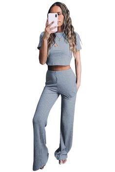 Cropped Tee and Wide Legs Pants Ribbed Knit Lounge Set Casual Ribbed Sets For Fall, Casual Ribbed Summer Sets, Casual Ribbed Sets For Spring, Casual Fitted Ribbed Pants, Fitted Knit Casual Sets, Casual Knit Sets For Spring, Casual Spring Knit Sets, Spring Casual Knit Sets, Casual Solid Ribbed Pants