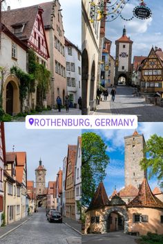 two pictures with different buildings and people walking down the street in germany, one has a clock tower on it