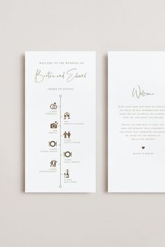 two wedding cards with gold foil on the front and back, sitting side by side