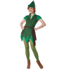 If you're a kid at heart that wants to travel to magical lands and never grow up, this costume is for you! Transform into Peter Pan with the help of this cute, genderbent costume! All you need is a red wig and some elf ears to complete this costume. No matter where you wear it, everyone will love it! Disfraz Peter Pan, Peter Pan Kostüm, Peter Pan Outfit, Shrek Jr, Lost Boys Peter Pan, Peter Pan Costumes, Peter Pan Costume, Musical Costumes, Wrap Vest