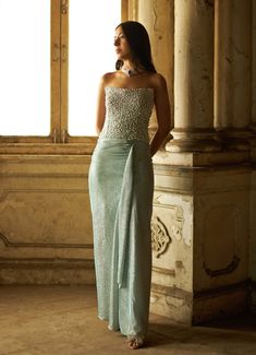 Mint Blue Draped Shimmer Skirt With Crystal Corset Duara - Fabilicious Fashion Cocktail Party Indian Outfit, Indian Wedding Cocktail Outfits, Indian Corset, Corset Lehenga, Blue Shimmer Dress, Crystal Corset, Sparkly Gown, Blue Drapes, Dress Code Wedding