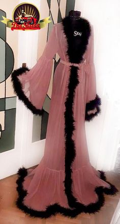 Pink Robe with Fluffy Black Feathers, Black Marabou Feather Dressing Gown, Bride Robe, Burlesque Dre Sheer Fur Trimmed Robe, Black Marabou Robe, Long Sleeve Feather Robe For Parties, Elegant Feathered Evening Robe, Elegant Party Robe With Feather Trim, Elegant Sheer Robe For Party, Sheer Fitted Party Robe, Fancy Robes, Bride Dressing Gown