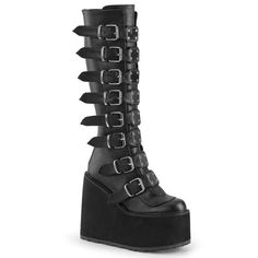 (eBay) Find many great new & used options and get the best deals for Demonia SWING-815 Women's Mid-Calf & Knee High Boots, Black, 8 (used) at the best online prices at eBay! Free shipping for many products! Gladiator Boots, Gothic Boots, Demonia Shoes, Striped Shoes, Leather Knee Boots, Light Up Shoes, Metal Plates, Corsets And Bustiers, Knee Boot