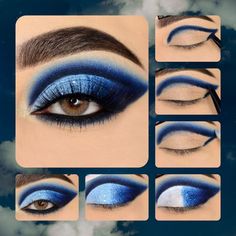 Blue Eyeshadow Pictorial, Blue Halloween Makeup Ideas, Makeup Pictorial Step By Step, Dramatic Eye Makeup Looks, Galaxy Eye Makeup, Eyeshadow Pictorial, Step By Step Eyeshadow, Crazy Eye Makeup, Hazel Eye Makeup