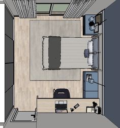 an overhead view of a bedroom and living room