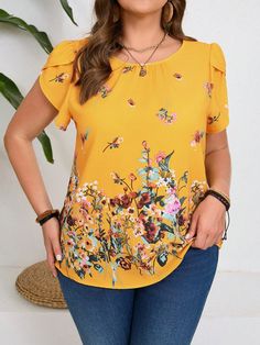 Plus Size Blue Floral Print Petal Sleeve Round Neck Summer Shirt Yellow Casual,Boho  Short Sleeve Woven Fabric Animal,Floral,Plants Top Non-Stretch Summer Women Plus Clothing, size features are:Bust: ,Length: ,Sleeve Length: Butterfly Sleeve Blouse, Rosé Summer, Petal Sleeve, Blue Floral Print, Butterfly Sleeves, Plus Size Shorts, Loose Blouse, Boho Casual, Kids Sleepwear