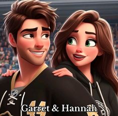 an animated image of two people in front of a crowd with the words garret and hannah on it