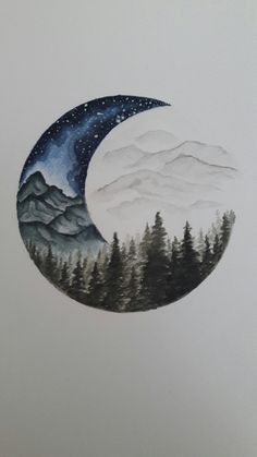 a drawing of a crescent moon with trees in the background