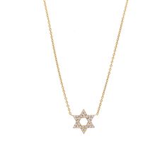 This beautiful pave Star of David necklace is the perfect piece of Judaica, for a jewelry lover of any age. 10% of proceeds of the purchase of this item will be donated to UJA Federation's Israel Emergency Fund. Available in 14K White Gold, Yellow Gold, or Rose Gold Diamond weight = 0.15 carats Star = 0.50in Chain length = 16in See our Size Guide for more information This item is FINAL SALE Luxury Star Necklace With Single Cut Diamonds, Luxury Star-shaped Necklace With Single Cut Diamonds, Star Of David Necklace With Single Cut Diamonds, Luxury Star Of David Necklace With Diamond Accents, Diamond Star Of David Necklace For Formal Occasions, Fine Jewelry Star Of David Necklace For Formal Occasions, Luxury Diamond Necklace Star Of David, Formal Diamond Star Of David Necklace, Formal Star Of David Diamond Necklace