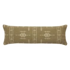 a brown and white rectangular pillow with an intricate design on the front, sitting on a white background