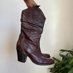 Vintage Sheriff Leather upper Distressed cowboy boots Size: Eu 40-US 9 Details: -Pull-up  -Mid calf -Round pointed Toe  -Shaft height 12.5" -Calf circumference 13.5" -Heel height 3.5" Brand: Bata  📌Please read shop policy📌 💕Please check last picture for inside pilling and flaws💕 💕Ask me any questions💕 Country Style Heeled Boots For Fall, Country Style Fitted Heeled Boots For Fall, Wide Calf Mid-calf Boots With Pointed Toe For Ranch, Country Style Fitted Moto Boots For Fall, Fitted Country Style Moto Boots For Fall, Fall Rodeo Mid-calf Boots With Pointed Toe, Fall Pointed Toe Mid-calf Boots For Rodeo, Brown Fitted Knee-high Boots For Rodeo, Country Style Pointed Toe Boots For Fall