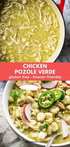 chicken pozole verde soup in a white bowl