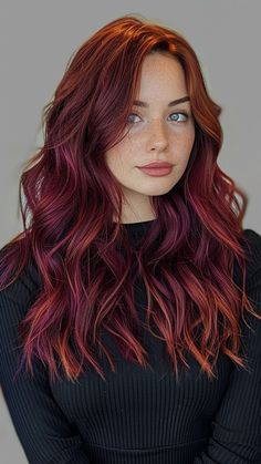 30 Red Hair Color Inspirations for a Cascading Effect Red Hair Color Combinations, Dark Red Hair Inspo Color, Brown Hair With Coloured Highlights, Dark Roots Red Hair, Dark Red Hair Pale Skin, Cool Toned Red Hair, Intense Red Hair, Red Hair For Cool Skin Tones, Red With Highlights