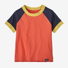 Built of soft 100% Regenerative Organic Certified® cotton with a timeless, universal fit, it's a T-shirt designed for playtime. Made in a Fair Trade Certified™ factory. | Patagonia Baby Ringer Cotton T-Shirt in Coho Coral, 12-18 Months - Kids' T-Shirts & Tops - Regenerative Organic Certified Cotton Screen Print Short Sleeve T-shirt For Playtime, Cotton Color Block T-shirt With Relaxed Fit, Relaxed Fit Cotton Color Block T-shirt, Red Organic Cotton Crew Neck Top, Red Casual Organic Cotton Top, Casual Red Organic Cotton Top, Playful Organic Cotton Tops For Playtime, Cotton Color Block Graphic Tee, Graphic Tee Color Block Cotton T-shirt