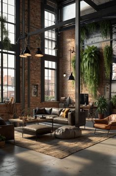 an industrial living room with exposed brick walls and large windows is furnished with modern furniture